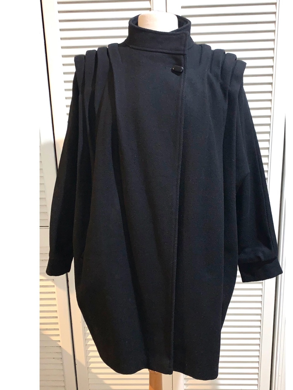 Andrea Marin Black Vintage Pleated high collar Wool Blend Cape Coat OSFM